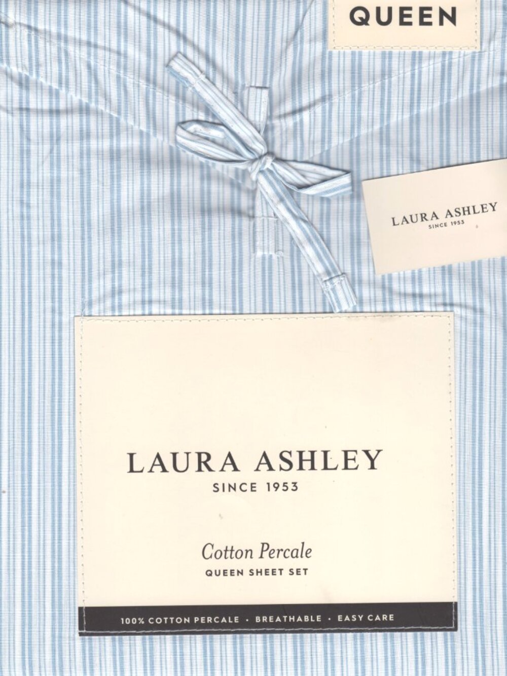 Laura Ashley Queen Size Blue Bedford Skinny Stripe Sheet Set (cotton percale) - Picture 6 of 6
